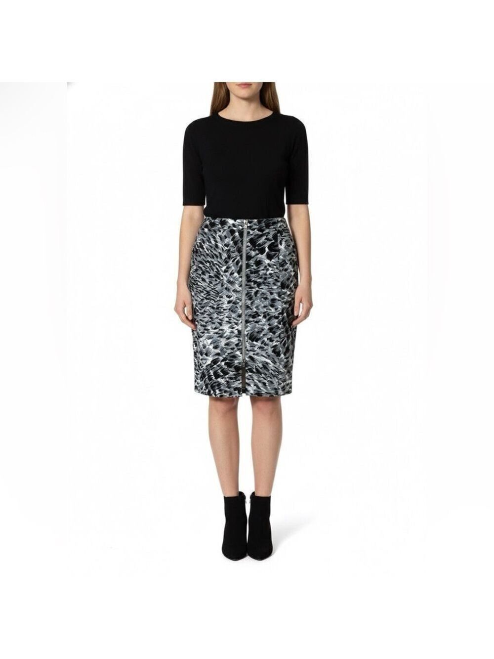 TALBOTS Petites 100% Cotton Black / Grey Watercolour Print Pencil Skirt Sz 6P